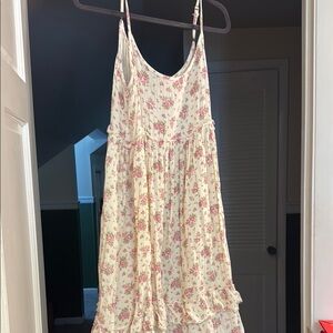 Cream and Pink Sleeveless Ruffled Tiered Mini Sundress